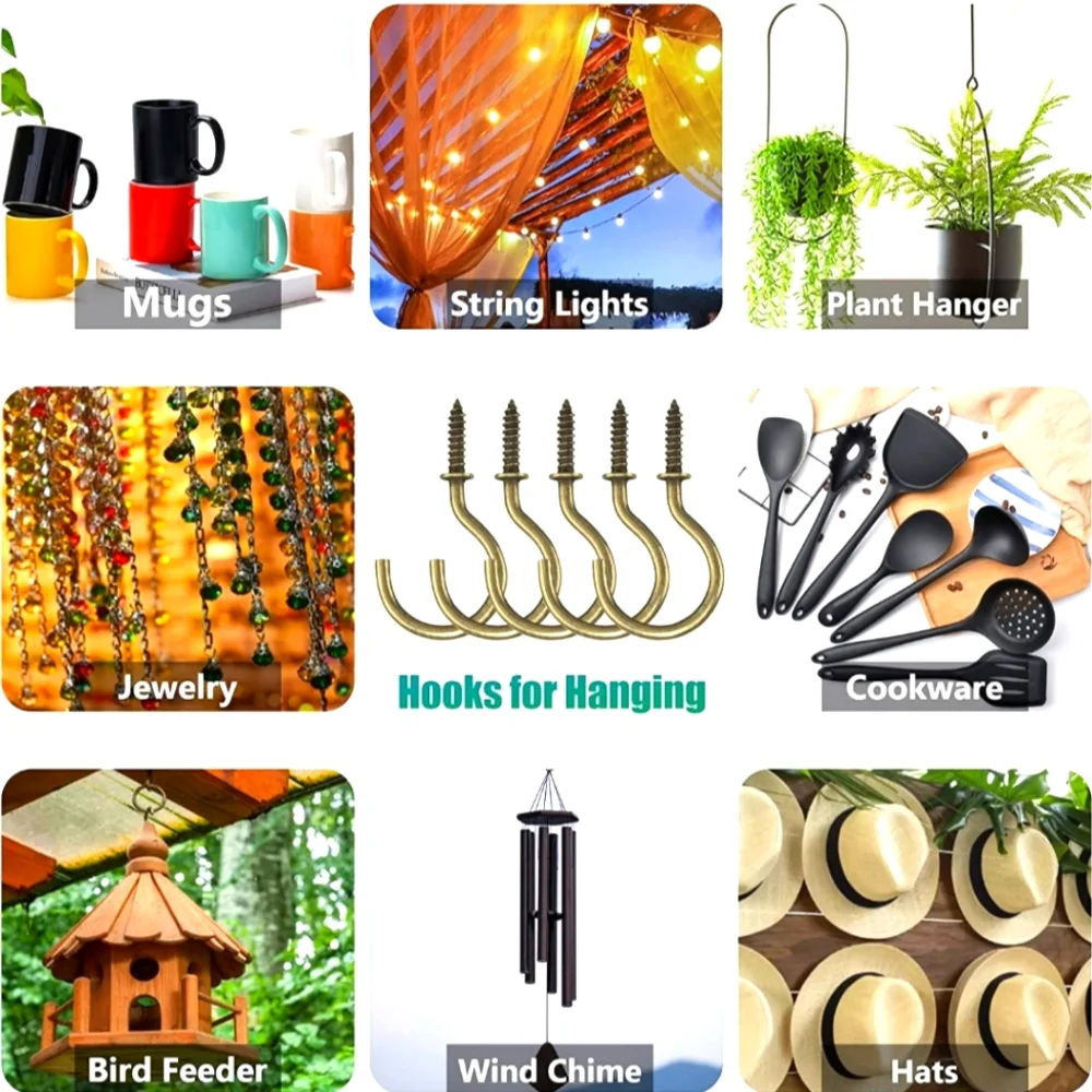 14 Small Screw In Cup Hooks - Use for Patio Lights Jewelry Plants Keys Baskets